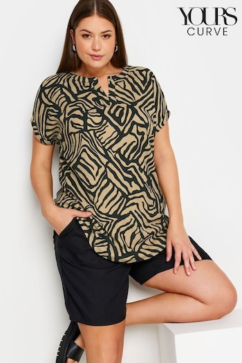 Yours Curve Brown Abstract Print Textured Notch Neck Top (B68358) | £24