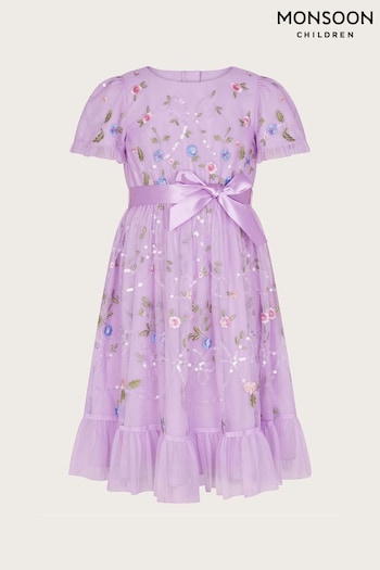 Monsoon Purple Tula Tulle Floral Embellished Dress (B68851) | £48 - £58