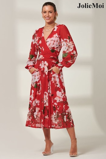 Jolie Moi Red Rayla Wrap Front Mesh Midi Dress (B68897) | £60