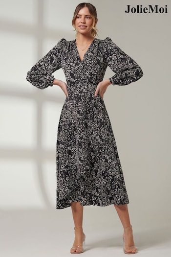 Jolie Moi Black V-Neck Wrap Front Midi Dress (B69073) | £55