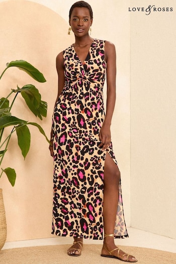 Love & Roses Pink Animal Drape Twist Front Sleeveless Jersey Midi Dress (B69145) | £42