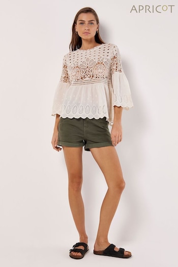 Apricot Natural Crochet Lace & Broderie Folk Top (B69221) | £35