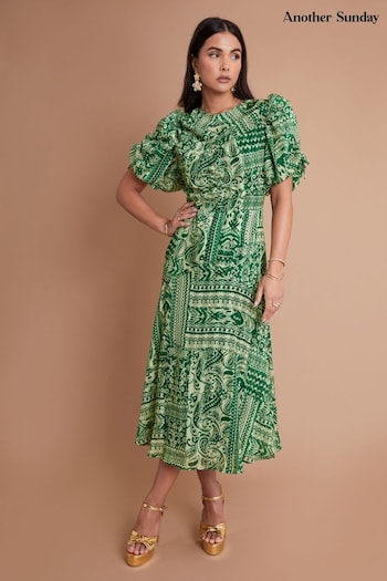 Another Sunday Green Sparkle Aztec Puff Sleeve Midi Dress (B69280) | £62