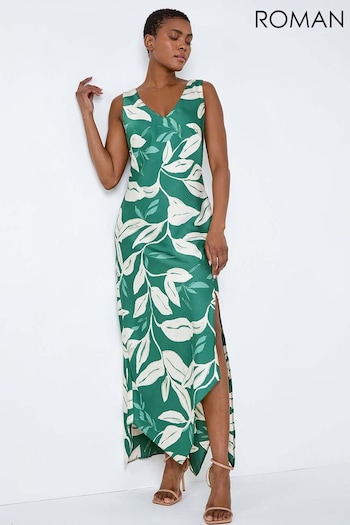 Roman Green Leaf Print Satin Midi Dress (B69322) | £45