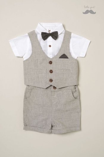 Little Gent Grey Embroidered Shirt Bodysuit Bowtie Embroidered Shirt, Waistcoat & Short Set (B69472) | £30