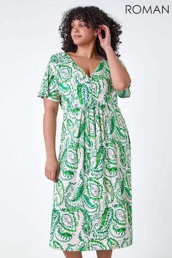 Roman Green Ruched Front Paisley Print Dress (B69483) | £42