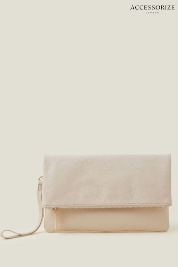 Accessorize Cream Leather Fold-Over Clutch Bag (B69520) | £32
