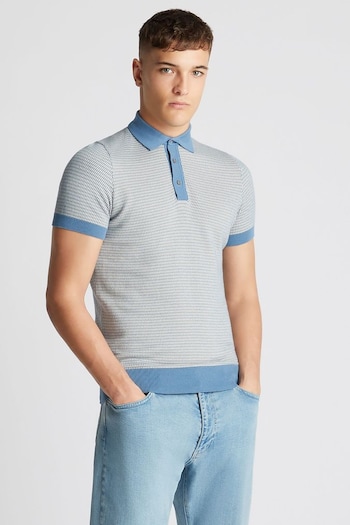Remus Uomo Blue Slim Fit Knitted Cotton Short Sleeve Polo Shirt (B69696) | £75