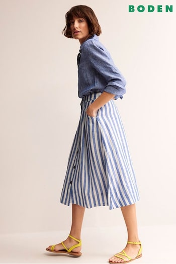 Boden Blue Petra Linen Stripe Midi Skirt (B69748) | £90
