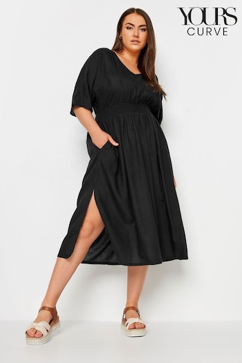 Yours Curve Black Limited Linen Midaxi Shirred Waist Slit Dress (B69852) | £32