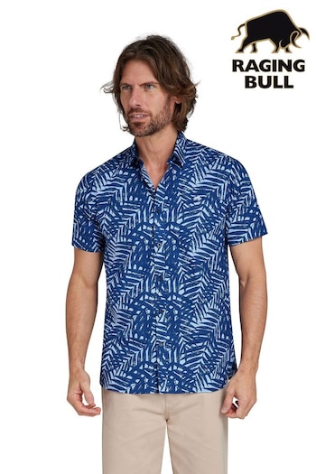 Raging Bull Blue Short Sleeve Palm Tree Poplin Shirt (B69948) | £64 - £74