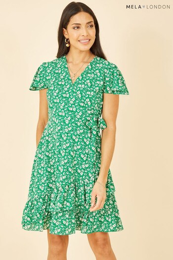 Mela Green Ditsy Floral Wrap Frill Dress (B69988) | £40
