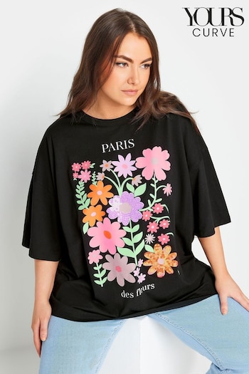 Yours Curve Black Floral Print 'Paris' Slogan Oversized T-Shirt (B70162) | £20