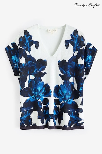 Phase Eight Blue Mia Floral Print Linen Knit Top (B70294) | £85