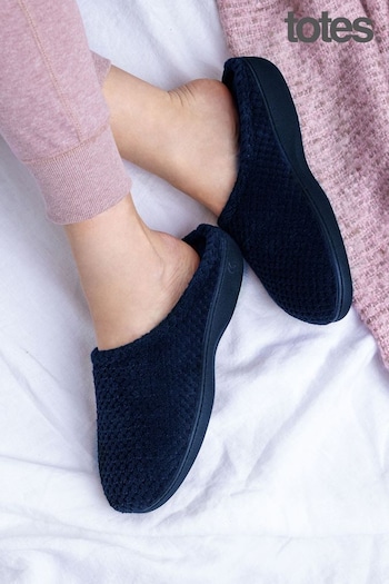 Totes London Navy Isotoner Popcorn Terry Mules Slippers (B70307) | £22