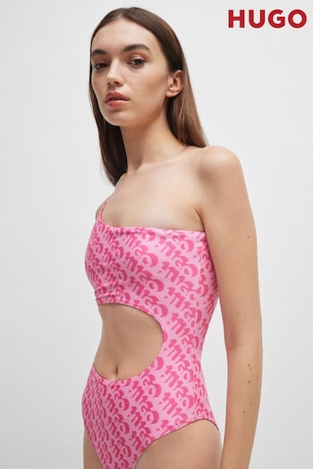 HUGO Pink Logo Print Cut Out One Shoulder Swimsuit (B70341) | £99