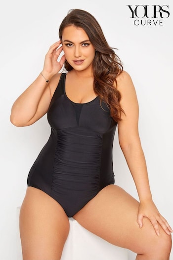 Yours Curve Black Ruched Mesh Tummy Control Swimsuit (B70429) | £29