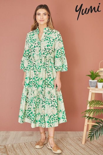 Yumi Green Animal Print Broderie Anglaise Cotton Midi Shirt Dress (B70540) | £65