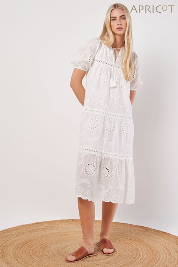 Apricot White Cotton Broderie Tiered Midi Dress (B70833) | £45
