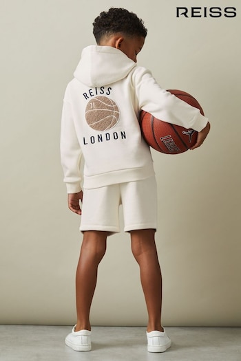Reiss Off White Cottle Relaxed Embroidered Basketball Hoodie (B70847) | £38