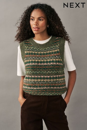 Green Khaki Patterned Sleeveless Crew Neck Knitted Tank Vest Jumper Top (B71173) | £30