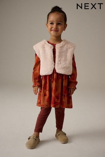 Rust Brown Long Sleeve 100% Cotton Dress with Gilet and Leggings Set (3mths-7yrs) (B71207) | £28 - £32