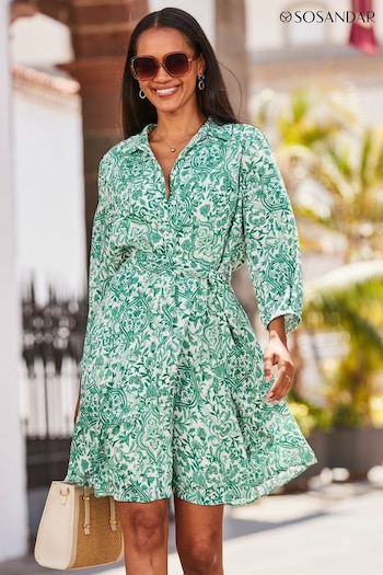 Sosandar Green Baroque Print Crinkle Shirt Dress (B71284) | £55