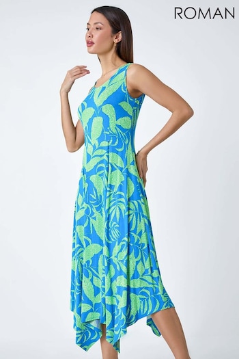 Roman Blue Tropical Print Pleated Maxi Stretch Dress (B71325) | £42