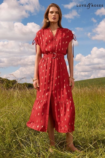 Love & Roses Red Foil Ruched Shoulder Belted Midi Dress (B71332) | £56