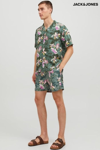 JACK & JONES Green Printed Revere Collar Short Sleeve Summer Shirt (B71535) | £30