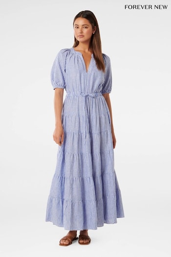 Forever New Blue Linen Blend Gabbie Tiered Midi Dress (B71587) | £95