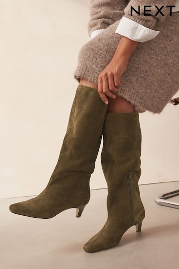 Khaki Green Suede Forever Comfort® Suede Knee High Heeled Boots (B71595) | £85