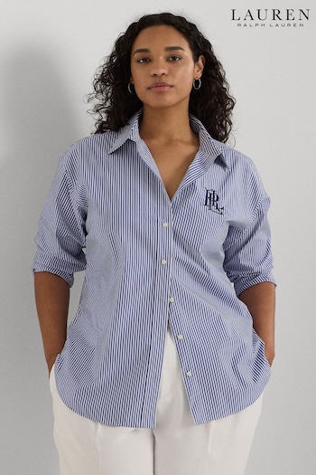 Gray T-shirt For Girl With Flower And Logo Relaxed Fit Blue/White Striped Stretch Cotton Shirt (B71601) | £179