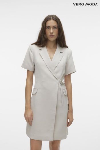 VERO MODA Cream Tailored Short Sleeve Wrap Dress (B71720) | £55