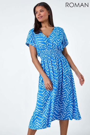 Roman Blue Abstract Floral Zig Zag Print Midi Dress (B71746) | £42