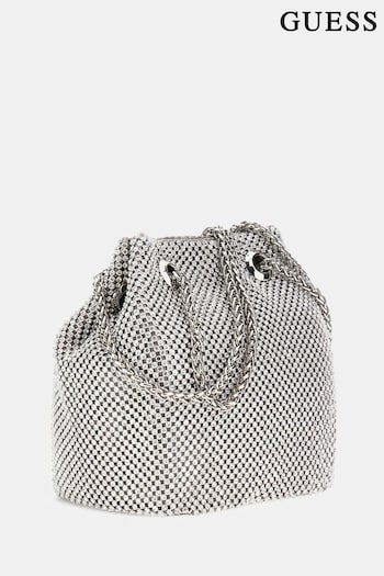 GUESS Silver Lua Rhinestone Embellished Pouch Bucket Bag (B71883) | £110