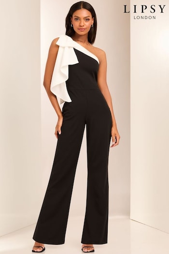 Lipsy Black and White Petite One Shoulder Bow Jumpsuit (B72198) | £75