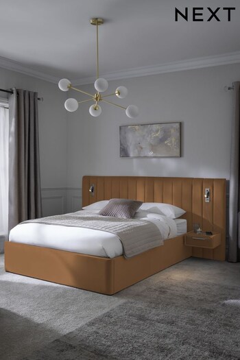 Soft Velvet Caramel Brown Mayfair Upholstered Hotel Bed Frame with Ottoman Storage, Bedside Tables and Lights (B72673) | £1,199 - £1,399