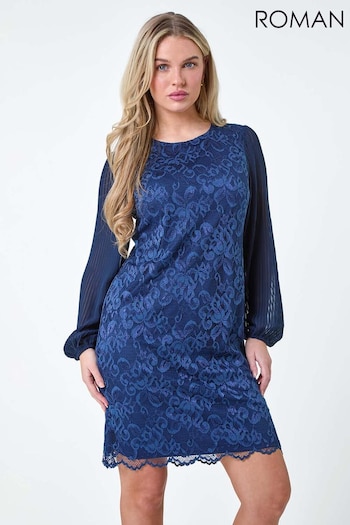 Roman Blue Pleated Sleeve Lace Shift Dress (B72680) | £60