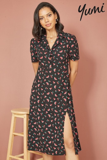 Yumi Black Watermelon Print Shirt Dress With Side Split (B72707) | £50