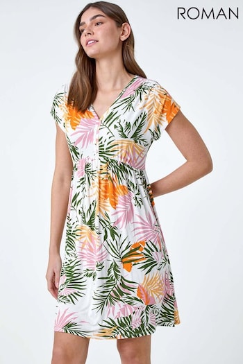 Roman Green Tropical Floral Gathered Stretch Dress (B72725) | £36
