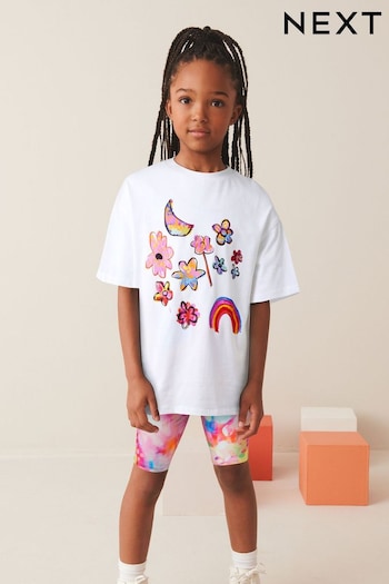 Pink/White Oversized T-Shirt and Cycle Shorts Set (3-16yrs) (B72849) | £14 - £20