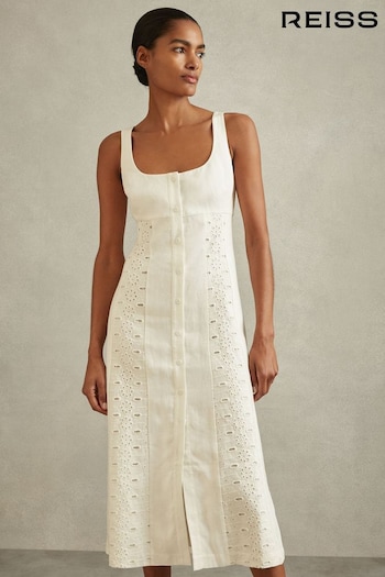 Reiss Ivory Clarice Linen Broderie Midi Dress (B72912) | £198