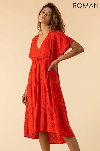 Roman Red Broderie Cotton Tiered Smock Dress (B72988) | £45