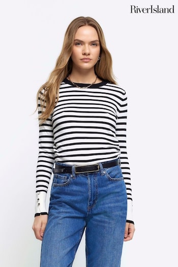River Island White Stripe Crew Neck Knitted Top (B73083) | £25