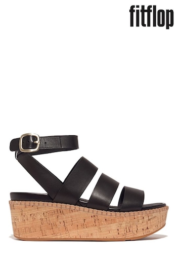 FitFlop Eloise Leather Cork Strappy Wedge Black Sandals slides (B73104) | £140