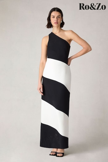 Ro&Zo Petite Sofia Mono Stripe One Shoulder Maxi Black Dress (B73135) | £169