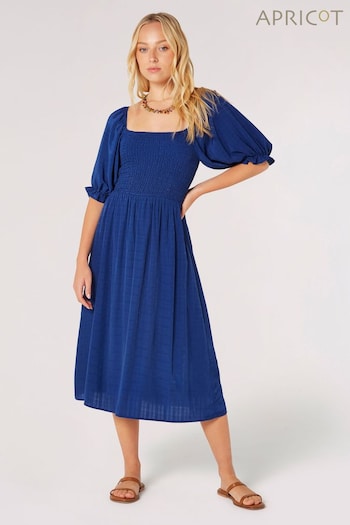 Apricot Blue Self-Check Smocked Milkmaid Midi Dress (B73180) | £39