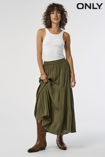 ONLY Green Cheesecloth Tiered Midi Holiday Skirt (B73293) | £28