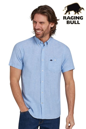 Raging Bull Blue Short Sleeve Classic Linen Shirt (B73416) | £59 - £69